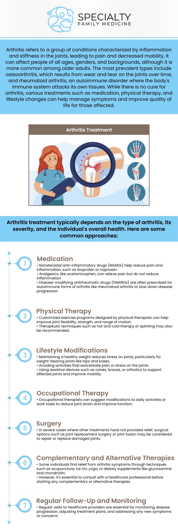 Arthritis is a condition that causes inflammation and pain in the joints, affecting movement and flexibility. It can result from various causes, including aging, autoimmune disorders, and injury. At Specialty Family Medicine, our team of medical professionals offers personalized care to manage symptoms, improve joint function, and slow the progression of the disease. For more information, contact us today or schedule an appointment online. We are conveniently located at 1599 NW 9th Ave, Suite 4, Boca Raton, FL 33486. Arthritis is a condition that causes inflammation and pain in the joints, affecting movement and flexibility. It can result from various causes, including aging, autoimmune disorders, and injury. At Specialty Family Medicine, our team of medical professionals offers personalized care to manage symptoms, improve joint function, and slow the progression of the disease. For more information, contact us today or schedule an appointment online. We are conveniently located at 1599 NW 9th Ave, Suite 4, Boca Raton, FL 33486.