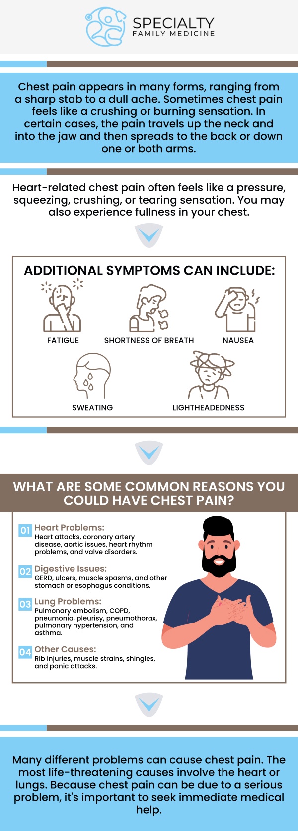 Common questions asked by patients: What is Chest Pain Syndrome? What are the symptoms of Chest Pain Syndrome? What causes Chest Pain Syndrome? How is Chest Pain Syndrome diagnosed? What tests are done to diagnose Chest Pain Syndrome? Chest Pain Syndrome refers to any condition that causes discomfort or pain in the chest, often due to heart, lung, or gastrointestinal issues. At Specialty Family Medicine, our team provides comprehensive care to diagnose and treat the underlying causes of chest pain. For more information, contact us today or schedule an appointment online. We are conveniently located at 1599 NW 9th Ave, Suite 4, Boca Raton, FL 33486. We serve patients from Boca Raton FL, Highland Beach FL, Lighthouse Point FL, Kings Point FL, Delray Beach FL, Deerfield Beach FL, Boynton Beach FL, and surrounding areas. Common questions asked by patients: What is Chest Pain Syndrome? What are the symptoms of Chest Pain Syndrome? What causes Chest Pain Syndrome? How is Chest Pain Syndrome diagnosed? What tests are done to diagnose Chest Pain Syndrome?
Chest Pain Syndrome refers to any condition that causes discomfort or pain in the chest, often due to heart, lung, or gastrointestinal issues. At Specialty Family Medicine, our team provides comprehensive care to diagnose and treat the underlying causes of chest pain. For more information, contact us today or schedule an appointment online. We are conveniently located at 1599 NW 9th Ave, Suite 4, Boca Raton, FL 33486. We serve patients from Boca Raton FL, Highland Beach FL, Lighthouse Point FL, Kings Point FL, Delray Beach FL, Deerfield Beach FL, Boynton Beach FL, and surrounding areas.