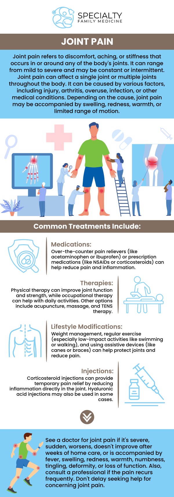 Common questions asked by patients: What is joint pain? Who is at risk of experiencing joint pain? What are some common causes of joint pain? How is joint pain treated? Joint pain can result from various conditions, including arthritis, injuries, or overuse. Symptoms may include swelling, stiffness, limited range of motion, and persistent discomfort, which can impact daily activities. At Specialty Family Medicine, our medical team provides personalized care to relieve pain and improve joint function. For more information, contact us today or schedule an appointment online. We are conveniently located at 1599 NW 9th Ave, Suite 4, Boca Raton, FL 33486. We serve patients from Boca Raton FL, Highland Beach FL, Lighthouse Point FL, Kings Point FL, Delray Beach FL, Deerfield Beach FL, Boynton Beach FL, and surrounding areas. Common questions asked by patients: What is joint pain? Who is at risk of experiencing joint pain? What are some common causes of joint pain? How is joint pain treated?
Joint pain can result from various conditions, including arthritis, injuries, or overuse. Symptoms may include swelling, stiffness, limited range of motion, and persistent discomfort, which can impact daily activities. At Specialty Family Medicine, our medical team provides personalized care to relieve pain and improve joint function. For more information, contact us today or schedule an appointment online. We are conveniently located at 1599 NW 9th Ave, Suite 4, Boca Raton, FL 33486. We serve patients from Boca Raton FL, Highland Beach FL, Lighthouse Point FL, Kings Point FL, Delray Beach FL, Deerfield Beach FL, Boynton Beach FL, and surrounding areas.