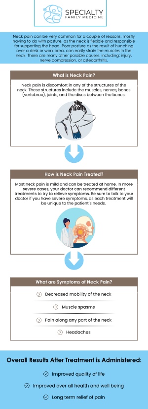 Neck pain can cause a variety of symptoms, including persistent pain and stiffness in the neck, often worsened by movement. It can also lead to a limited range of motion, making it difficult to turn or tilt the head. In some cases, pain radiates to the shoulders, upper back, or arms, which may suggest nerve involvement. At Specialty Family Medicine, our team offers personalized treatments to address these symptoms, helping to relieve neck pain and improve overall function and mobility. For more information, contact us today or schedule an appointment online. We are conveniently located at 1599 NW 9th Ave, Suite 4, Boca Raton, FL 33486. Neck pain can cause a variety of symptoms, including persistent pain and stiffness in the neck, often worsened by movement. It can also lead to a limited range of motion, making it difficult to turn or tilt the head. In some cases, pain radiates to the shoulders, upper back, or arms, which may suggest nerve involvement. At Specialty Family Medicine, our team offers personalized treatments to address these symptoms, helping to relieve neck pain and improve overall function and mobility. For more information, contact us today or schedule an appointment online. We are conveniently located at 1599 NW 9th Ave, Suite 4, Boca Raton, FL 33486.