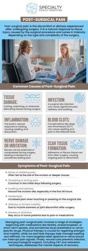 Common questions asked by patients: What is post-surgical pain? What are common causes of post-surgical pain? How long should post-surgical pain last? What does post-operative pain feel like? When should I contact my doctor about post-surgical pain? Post-surgical pain is a common experience after any surgery, caused by tissue damage and healing processes. At Specialty Family Medicine, our medical team offers personalized pain management strategies to promote recovery and minimize discomfort. For more information, contact us today or schedule an appointment online. We are conveniently located at 1599 NW 9th Ave, Suite 4, Boca Raton, FL 33486. We serve patients from Boca Raton FL, Highland Beach FL, Lighthouse Point FL, Kings Point FL, Delray Beach FL, Deerfield Beach FL, Boynton Beach FL, and surrounding areas. Common questions asked by patients: What is post-surgical pain? What are common causes of post-surgical pain? How long should post-surgical pain last? What does post-operative pain feel like? When should I contact my doctor about post-surgical pain?
Post-surgical pain is a common experience after any surgery, caused by tissue damage and healing processes. At Specialty Family Medicine, our medical team offers personalized pain management strategies to promote recovery and minimize discomfort. For more information, contact us today or schedule an appointment online. We are conveniently located at 1599 NW 9th Ave, Suite 4, Boca Raton, FL 33486. We serve patients from Boca Raton FL, Highland Beach FL, Lighthouse Point FL, Kings Point FL, Delray Beach FL, Deerfield Beach FL, Boynton Beach FL, and surrounding areas.