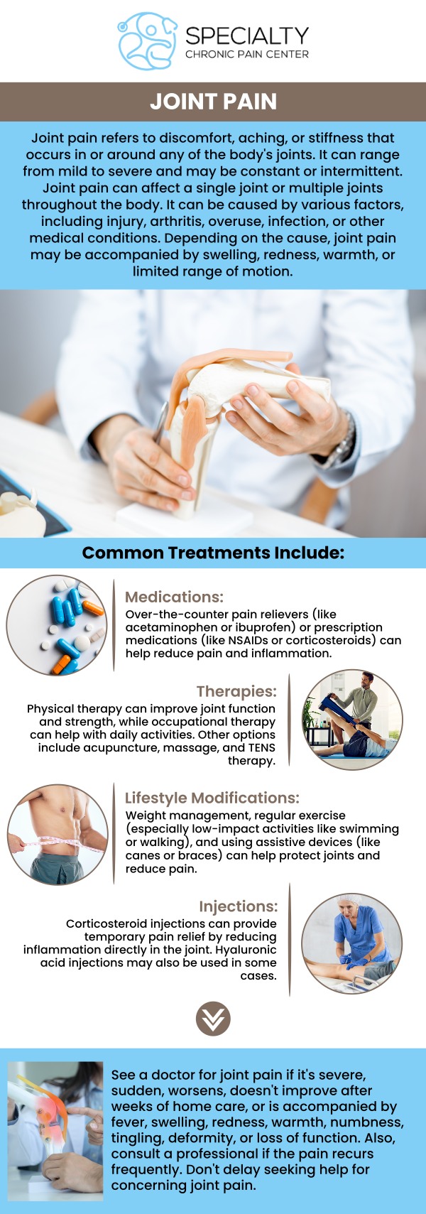 Common questions asked by patients: What are joint injections? When are joint injections used? Which injection is best for joint pain? How soon will I feel relief from joint injections, and how long does it last? Are joint injections effective for all types of joint pain? How often can joint injections be given safely? Joint pain injections offer effective relief by delivering medication directly into the affected joint to reduce inflammation and alleviate pain. This treatment can help patients with conditions like arthritis or tendonitis regain mobility and improve their quality of life. At Specialty Chronic Pain Center, Dr. Ayokunle Fatade provides personalized care to help manage joint pain. For more information, contact us today or schedule an appointment online. We are conveniently located at 1599 NW 9th Ave, Suite 4, Boca Raton, FL 33486. We serve patients from Boca Raton FL, Highland Beach FL, Lighthouse Point FL, Kings Point FL, Delray Beach FL, Deerfield Beach FL, Boynton Beach FL, and surrounding areas. Common questions asked by patients: What are joint injections? When are joint injections used? Which injection is best for joint pain? How soon will I feel relief from joint injections, and how long does it last? Are joint injections effective for all types of joint pain? How often can joint injections be given safely?
Joint pain injections offer effective relief by delivering medication directly into the affected joint to reduce inflammation and alleviate pain. This treatment can help patients with conditions like arthritis or tendonitis regain mobility and improve their quality of life. At Specialty Chronic Pain Center, Dr. Ayokunle Fatade provides personalized care to help manage joint pain. For more information, contact us today or schedule an appointment online. We are conveniently located at 1599 NW 9th Ave, Suite 4, Boca Raton, FL 33486. We serve patients from Boca Raton FL, Highland Beach FL, Lighthouse Point FL, Kings Point FL, Delray Beach FL, Deerfield Beach FL, Boynton Beach FL, and surrounding areas.